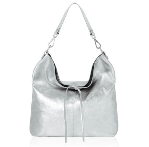 Leather Slouch Tote Bag - Silver
