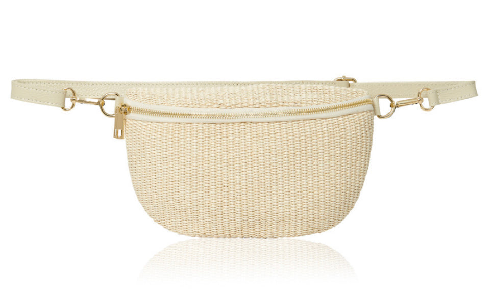 Woven Straw Leather Sling Bag  - Cream