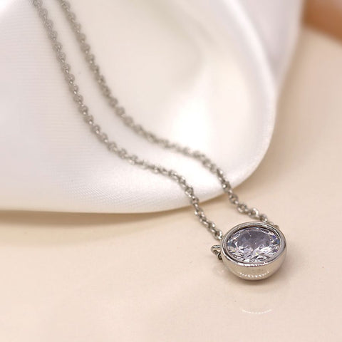 Silver plated round set CZ crystal necklace on a fine silver plated split chain - perfect for layering  Matching earrings available
