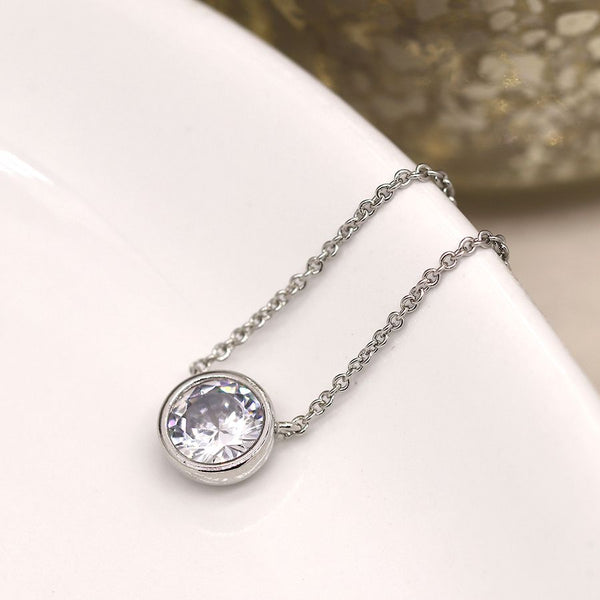 Silver plated round set CZ crystal necklace on a fine silver plated split chain - perfect for layering  Matching earrings available