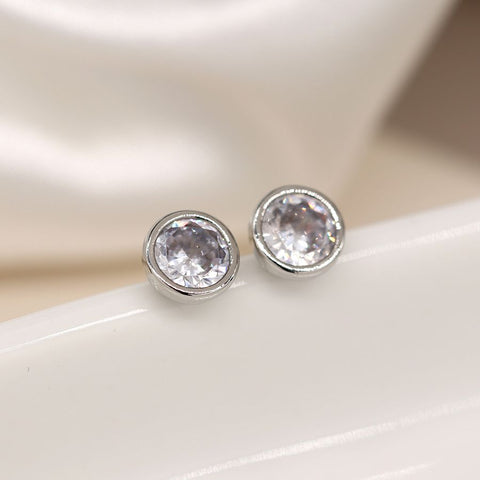 Simple silver plated round set CZ crystal stud earrings