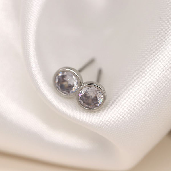 Simple silver plated round set CZ crystal stud earrings