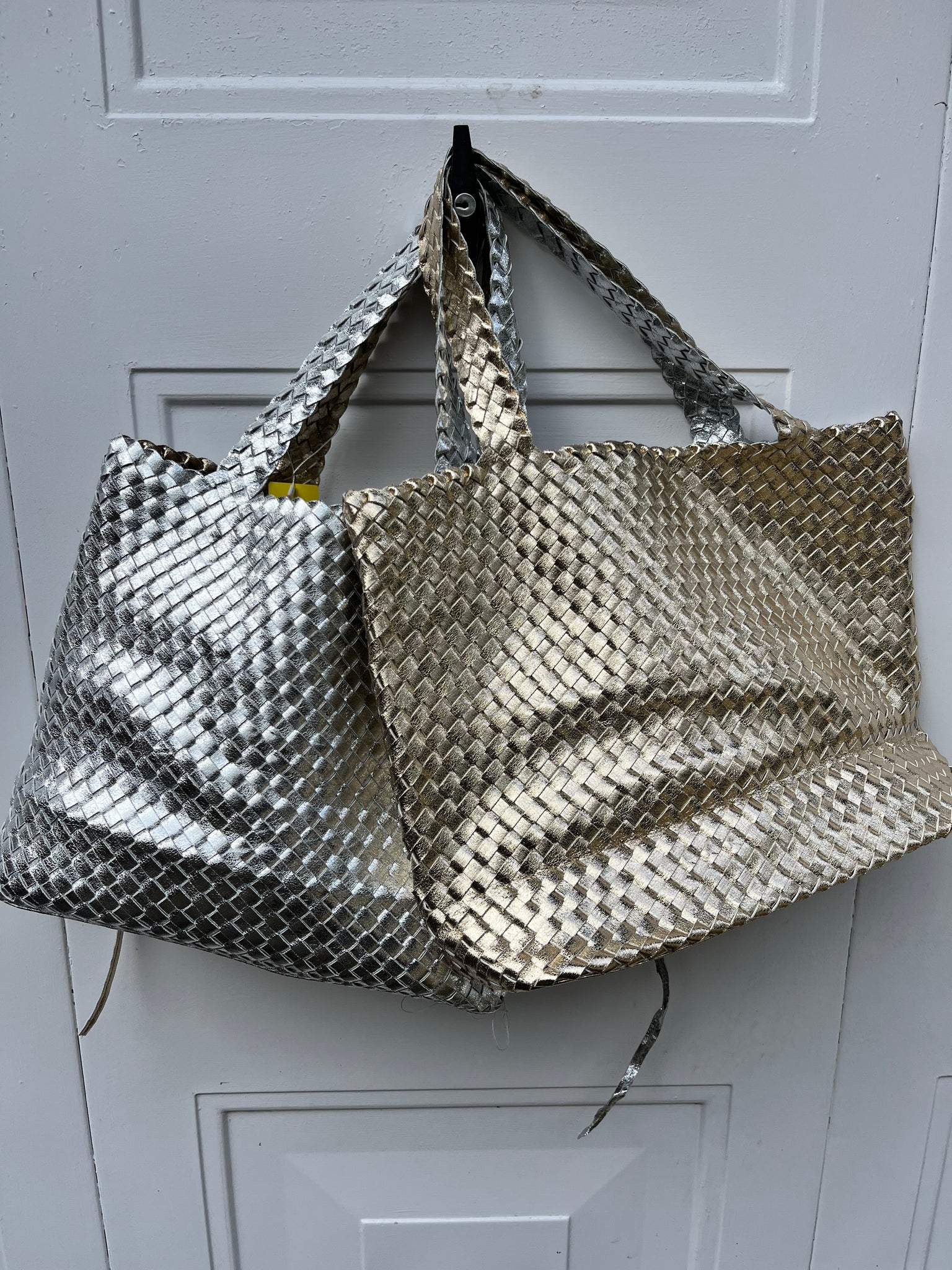 Vegan Leather 2 in 1 Reversible Woven  Tote - Gold / Silver