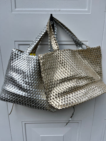 Vegan Leather 2 in 1 Reversible Woven  Tote - Gold / Silver