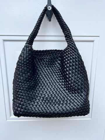 Vegan Leather Hobo Woven / 2 in 1 Bag - Black
