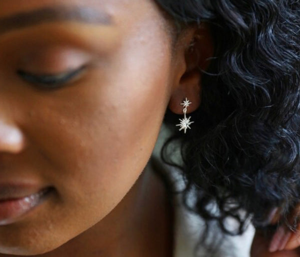 Crystal Double Star Drop Earrings - Silver
