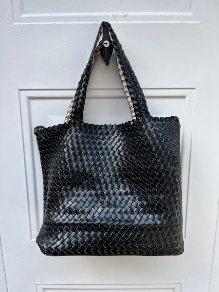 Vegan Leather 2 in 1 Reversible  Woven  Tote - Black / Rose Gold