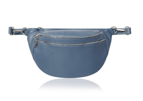Katy Large Double Zip Leather Sling Bag - Denim Blue