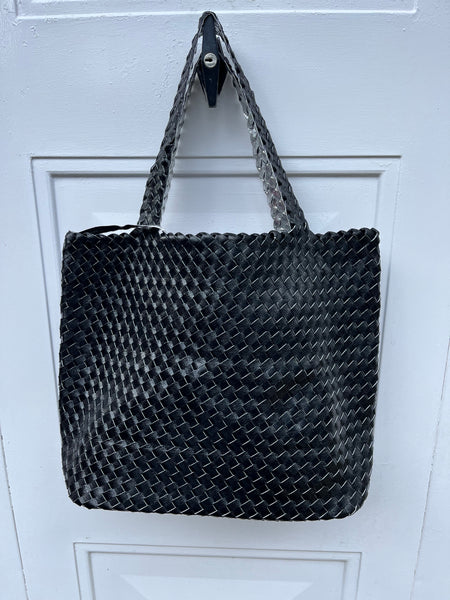 Vegan Leather 2 in 1 Reversible Woven  Tote - Black / Silver