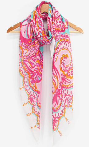 Stay stylish with our Ornate Under Sea Shell & Fish Print Lightweight Scarf. Featuring a beautiful under the sea design filled with sea shells and fish, this scarf is perfect for any occasion. Its lightweight material and fringed edge make it easy to wear, providing both fashion and functionality. Add a touch of the ocean to your wardrobe with our Sea Print Scarf in green and lilac.  Material - viscose    180 x 90 cm 