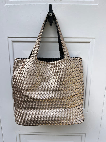 Vegan Leather 2 in 1 Reversible  Woven  Tote - Black / Rose Gold