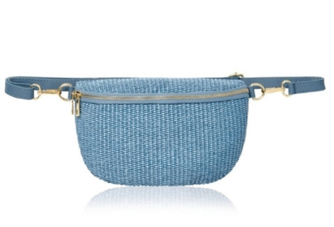 Woven Straw Leather Sling Bag  - Denim Blue