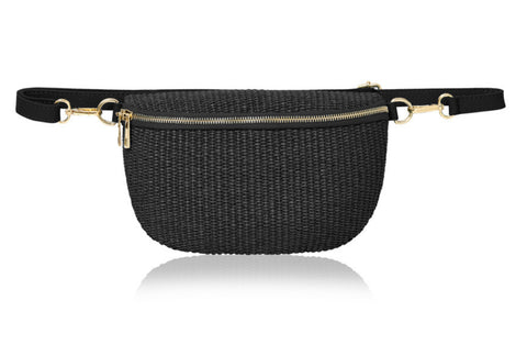 Woven Straw Leather Sling Bag  - Black