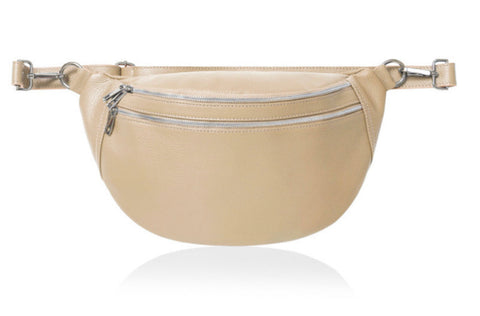 Katy Large Double Zip Leather Sling Bag - Light Taupe