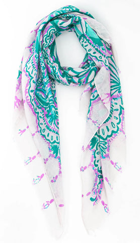 Stay stylish with our Ornate Under Sea Shell & Fish Print Lightweight Scarf. Featuring a beautiful under the sea design filled with sea shells and fish, this scarf is perfect for any occasion. Its lightweight material and fringed edge make it easy to wear, providing both fashion and functionality. Add a touch of the ocean to your wardrobe with our Sea Print Scarf in green and lilac.  Material - viscose    180 x 90 cm 