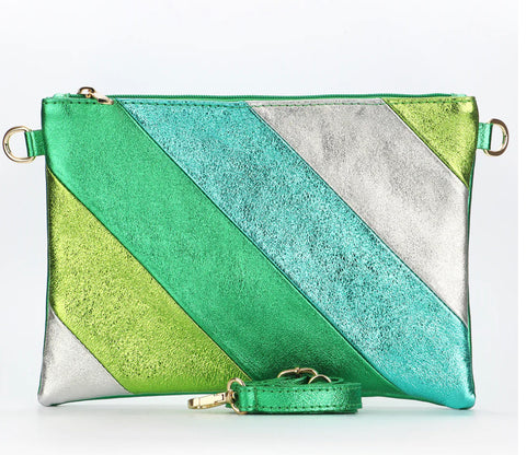 Be fashion-forward and functional with our Leather Rainbow Striped Clutch Bag in Green. Expertly crafted in Italy, this versatile bag easily transforms from a clutch to a crossbody with a removable strap. Perfect for day or night, its bold rainbow stripe design adds a touch of fun to any outfit
