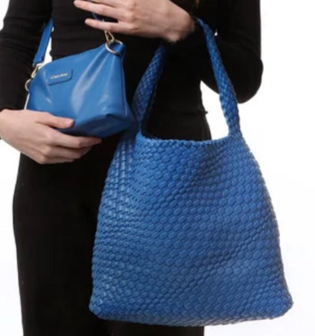 Vegan Leather Hobo Woven / 2 in 1 Bag - Royal Blue