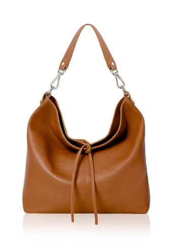 Leather Slouch Tote Bag - Tan