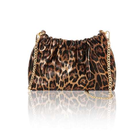 Leather Chain Metallic Bag- Leopard Print Tan