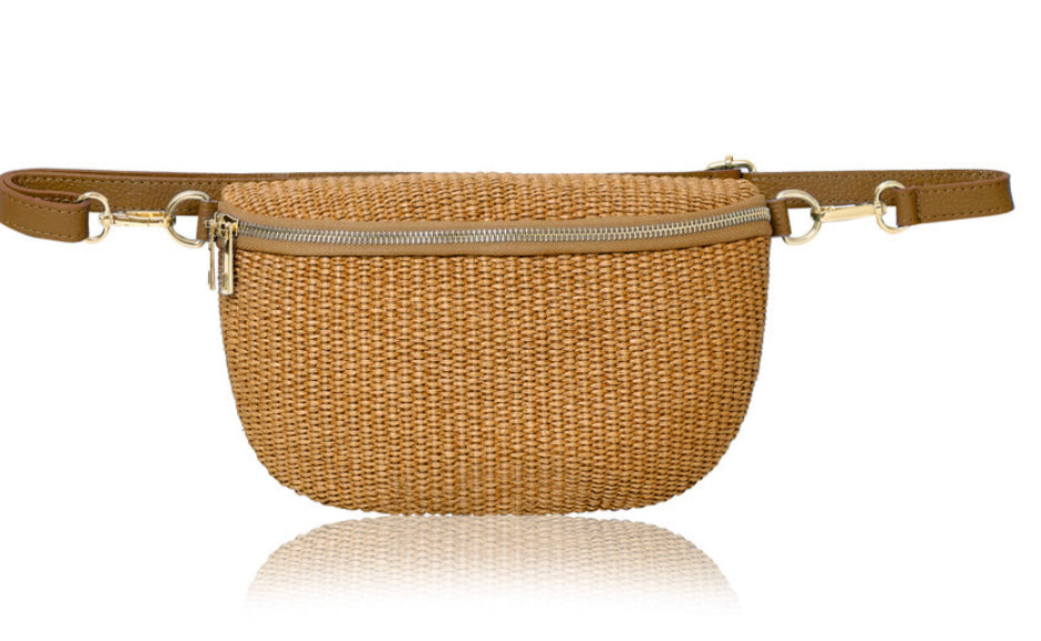 Woven Straw Leather Sling Bag  - Tan