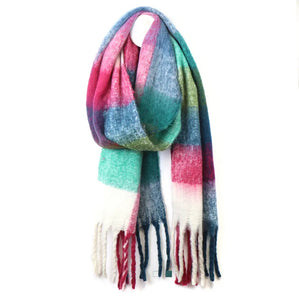 Fluffy Check Scarf - Blue & Rasberry