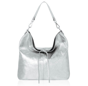 Leather Slouch Tote Bag - Silver