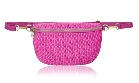 Woven Straw Leather Sling Bag  - Pink
