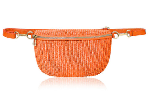 Woven Straw Leather Sling Bag  - Orange
