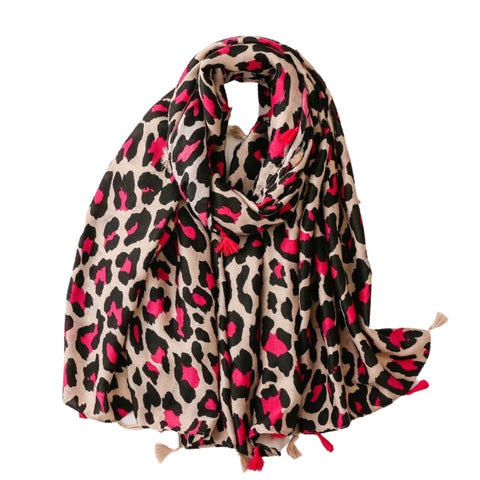 Leopard Print Tassel Scarf - Fuchsia Pink