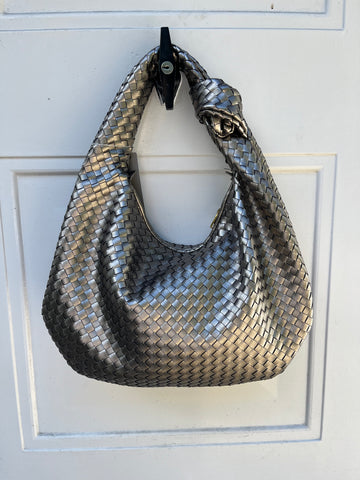 Vegan Leather Knot Woven Shoulder Bag - Pewter