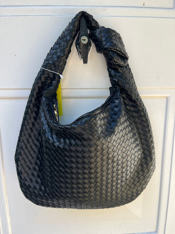 Vegan Leather Knot Woven Shoulder Bag - Black