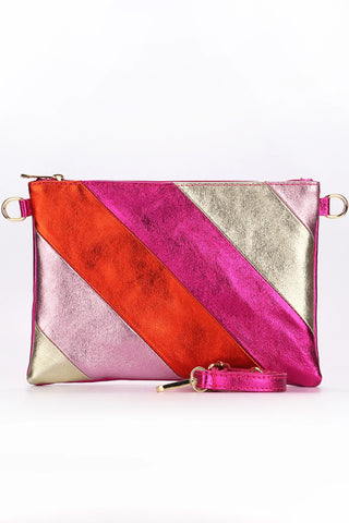 Leather Rainbow Striped  Clutch Bag - Pink
