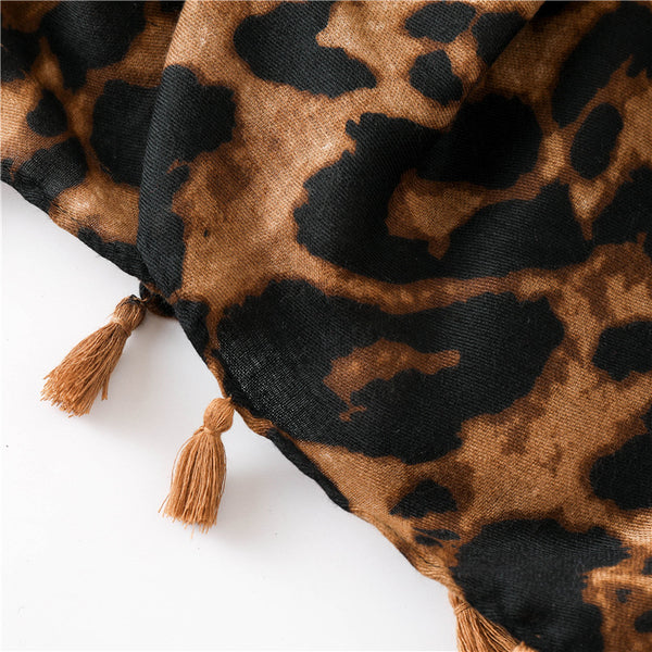 Leopard Print Tassel Scarf - Brown