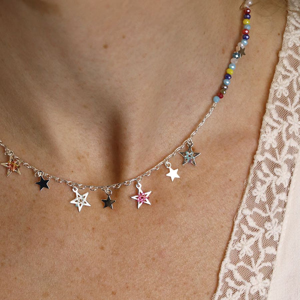 Silver plated fine chain and mixed colour bead necklace with silver plated star charms, colourful thread detail and a silver plated extension chain and clasp