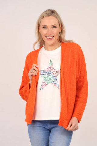 A classic knit cardigan is a spring wardrobe essential. This orange short open front cardigan is stylish and versatile and can be worn for many occasions.  Our one size fits a UK 8-18  Product Details: 42% Acrylic, 30% Nylon, 14% Mohair, 14% Lana Wool..