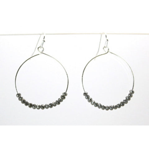 Silver round hoop earrings with grey glass beads
