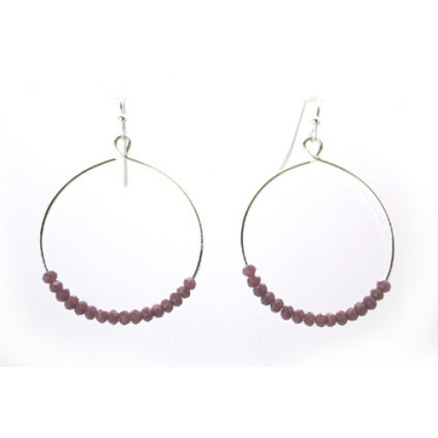 Silver round hoop earrings with purple glass beads