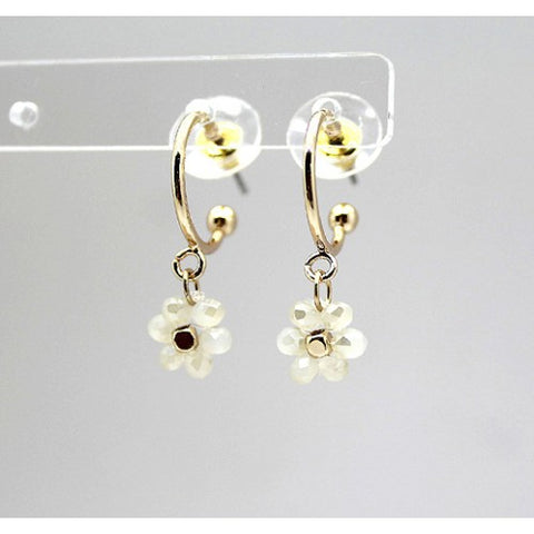 Handcrafted gold white glass flower beaded earrings