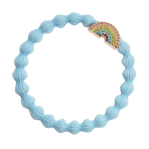Rose gold rainbow with pink , yellow , green , blue and purple diamanté on sky blue wrist bubble band   A pretty rainbow to wear in your hair and wrist!