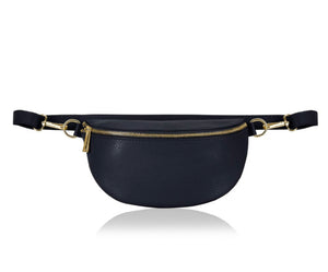 Inga Leather Belt Bag  - Navy Blue   An update of a street-ready design, this ultra-convenient Belt Bag keeps hands free and essentials organized. Crafted in polished pebble leather, wear it cinched at the waist, over the shoulder or draped crossbody for a versatile look.  Gold Hardware  Compatible with our canvas bag straps   L 24 cm x H 12.5 cm x D 3.5 cm