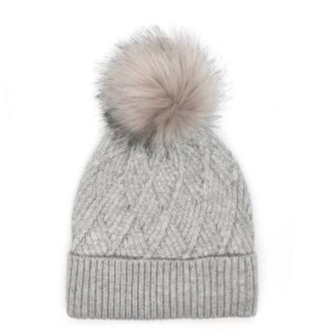 Light Grey diamond knit, lined bobble hat with ribbed turn up and faux fur bobble.  Wool mix 