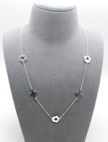 Flower & Star Long Necklace - Silver